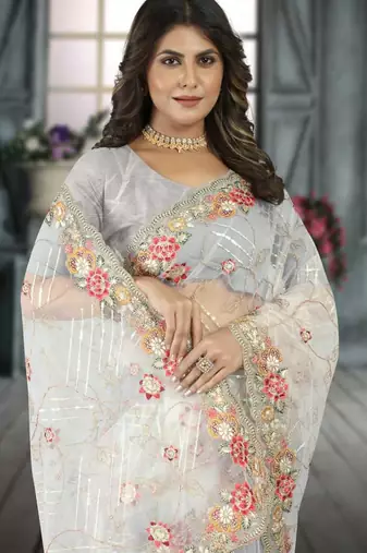 White color resham codding sequence embroidered stylish saree with un-stitched blouse