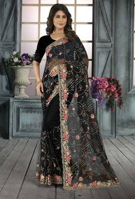 Black color resham codding sequence embroidered stylish saree with un-stitched blouse 1