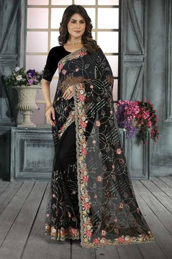 Black color resham codding sequence embroidered stylish saree with un-stitched blouse