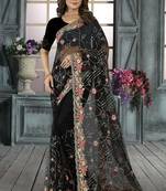 Black color resham codding sequence embroidered stylish saree with un-stitched blouse