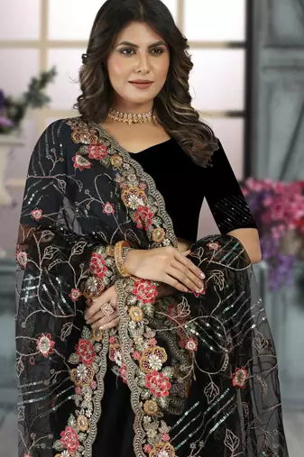 Black color resham codding sequence embroidered stylish saree with un-stitched blouse