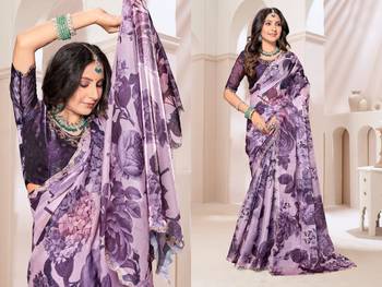Purple color orgenza digitial printed with zircon work saree and blouse 3