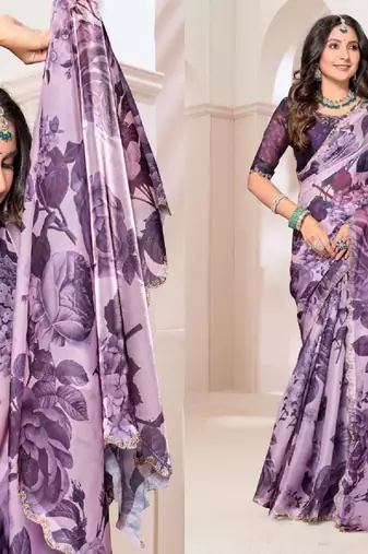 Purple color orgenza digitial printed with zircon work saree and blouse