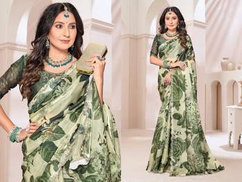Green color orgenza digitial printed with zircon work saree and blouse 3