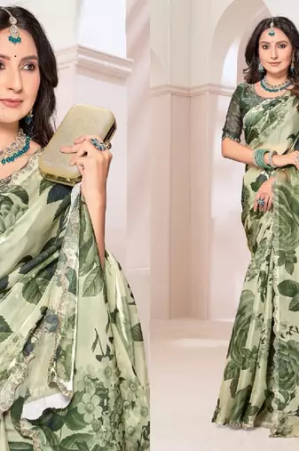 Green color orgenza digitial printed with zircon work saree and blouse