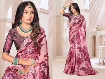 Pink color orgenza digitial printed with zircon work saree and blouse 3