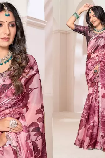 Pink color orgenza digitial printed with zircon work saree and blouse