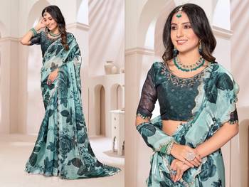 Sky blue color orgenza digitial printed with zircon work saree and blouse 3