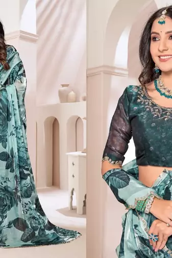 Sky blue color orgenza digitial printed with zircon work saree and blouse
