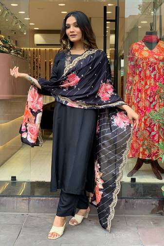 Black Rayon Embroidery Sequin Kurti Pant Dupatta Set