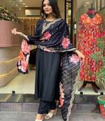 Black Rayon Embroidery Sequin Kurti Pant Dupatta Set