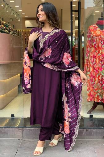 Purple rayon embroidery sequin kurti pant dupatta set stitched