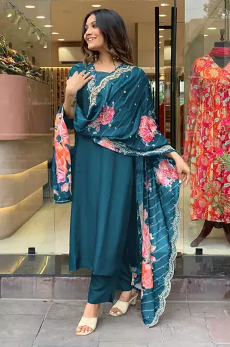 Teal rayon embroidery sequin Staight Suit