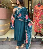 teal rayon embroidery sequin staight suit