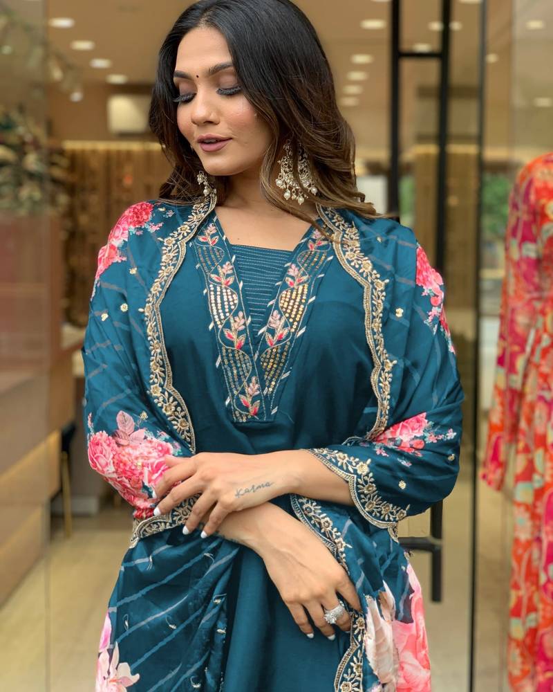 Teal rayon embroidery sequin Staight Suit