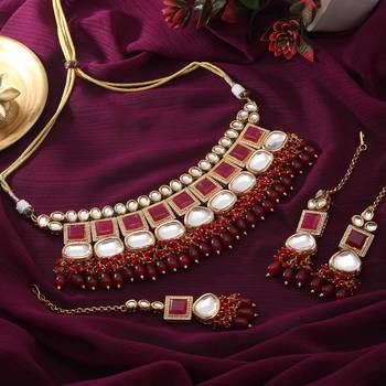 Maroon color back side meena work kundan necklace set 1