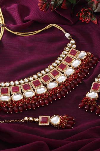 Maroon color back side meena work kundan necklace set
