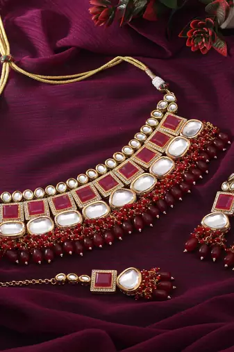 Maroon color back side meena work kundan necklace set