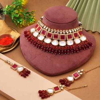 Maroon color back side meena work kundan necklace set 2