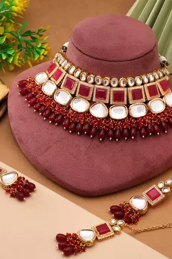 Maroon color back side meena work kundan necklace set
