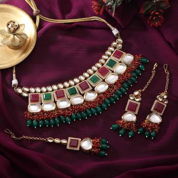 Rani & green color back side meena work kundan necklace set 1