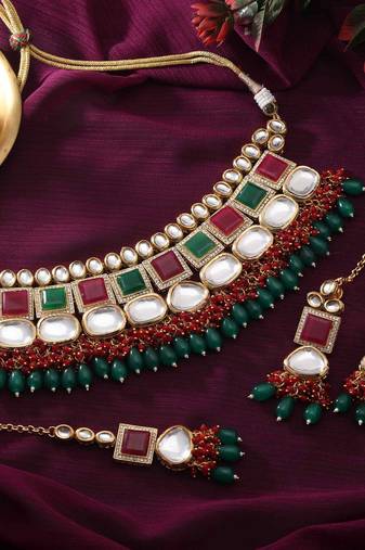 Rani & green color back side meena work kundan necklace set