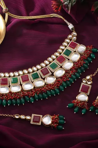 Rani & green color back side meena work kundan necklace set