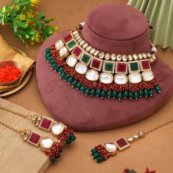 Rani & green color back side meena work kundan necklace set 2