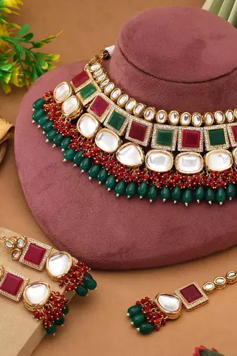 Rani & green color back side meena work kundan necklace set