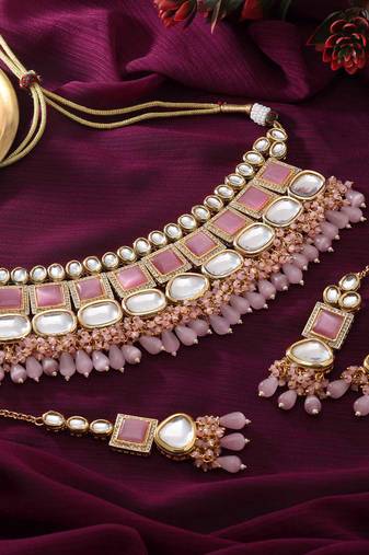 Pink color back side meena work kundan necklace set
