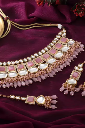 Pink color back side meena work kundan necklace set