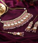 Pink color back side meena work kundan necklace set