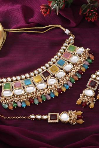 Multi color back side meena work kundan necklace set