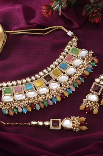 Multi color back side meena work kundan necklace set