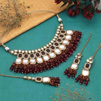 Maroon color back side meena work kundan necklace set 1
