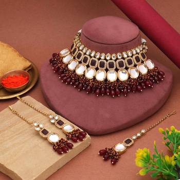 Maroon color back side meena work kundan necklace set 2