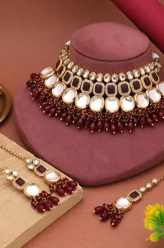 Maroon color back side meena work kundan necklace set