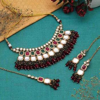 Rani & green color back side meena work kundan necklace set 1