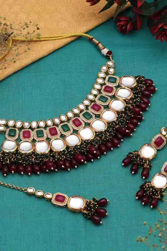 Rani & green color back side meena work kundan necklace set