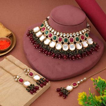 Rani & green color back side meena work kundan necklace set 2