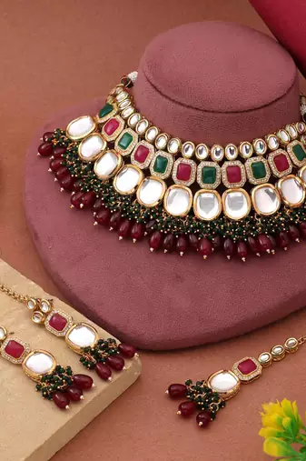Rani & green color back side meena work kundan necklace set