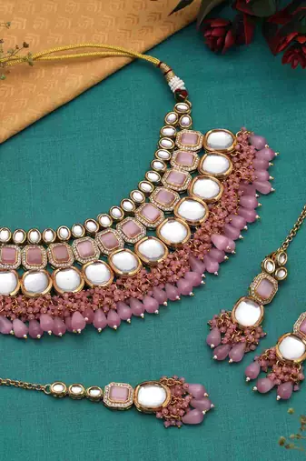 Pink color back side meena work kundan necklace set