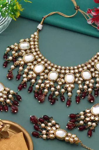 Maroon & green color back side meena work kundan necklace set