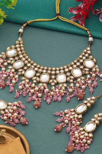 Pink color back side meena work kundan necklace set