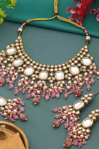 Pink color back side meena work kundan necklace set