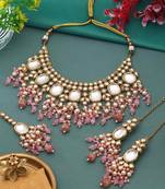 Pink color back side meena work kundan necklace set