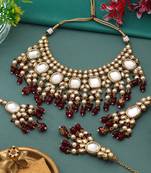 Maroon color back side meena work kundan necklace set