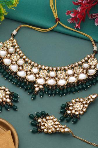 Green color back side meena work kundan necklace set