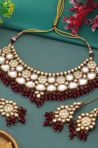 Maroon color back side meena work kundan necklace set