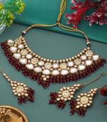 Maroon color back side meena work kundan necklace set